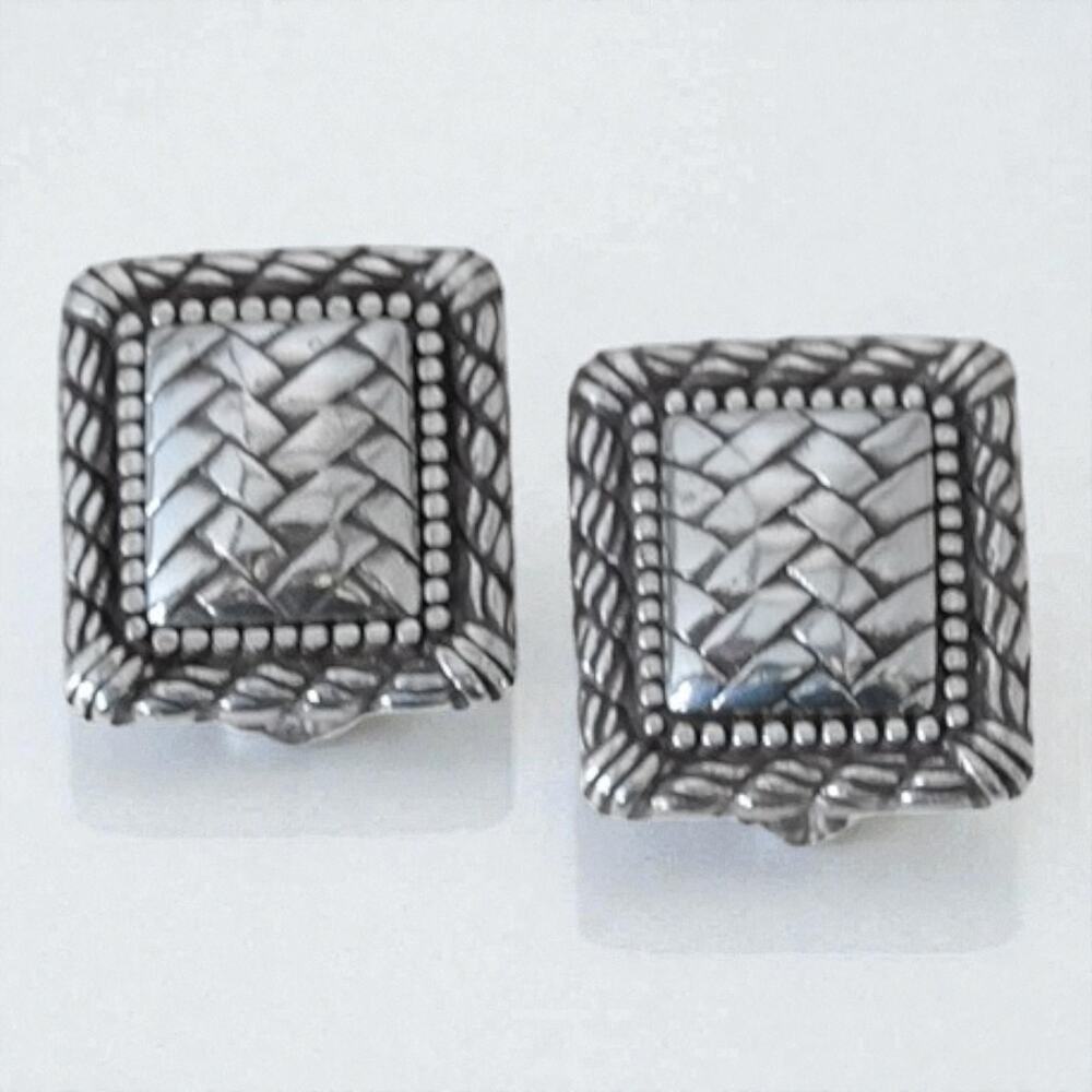 Brighton Vintage Rectangular Woven Clip On Earrings Silver Plated Retired